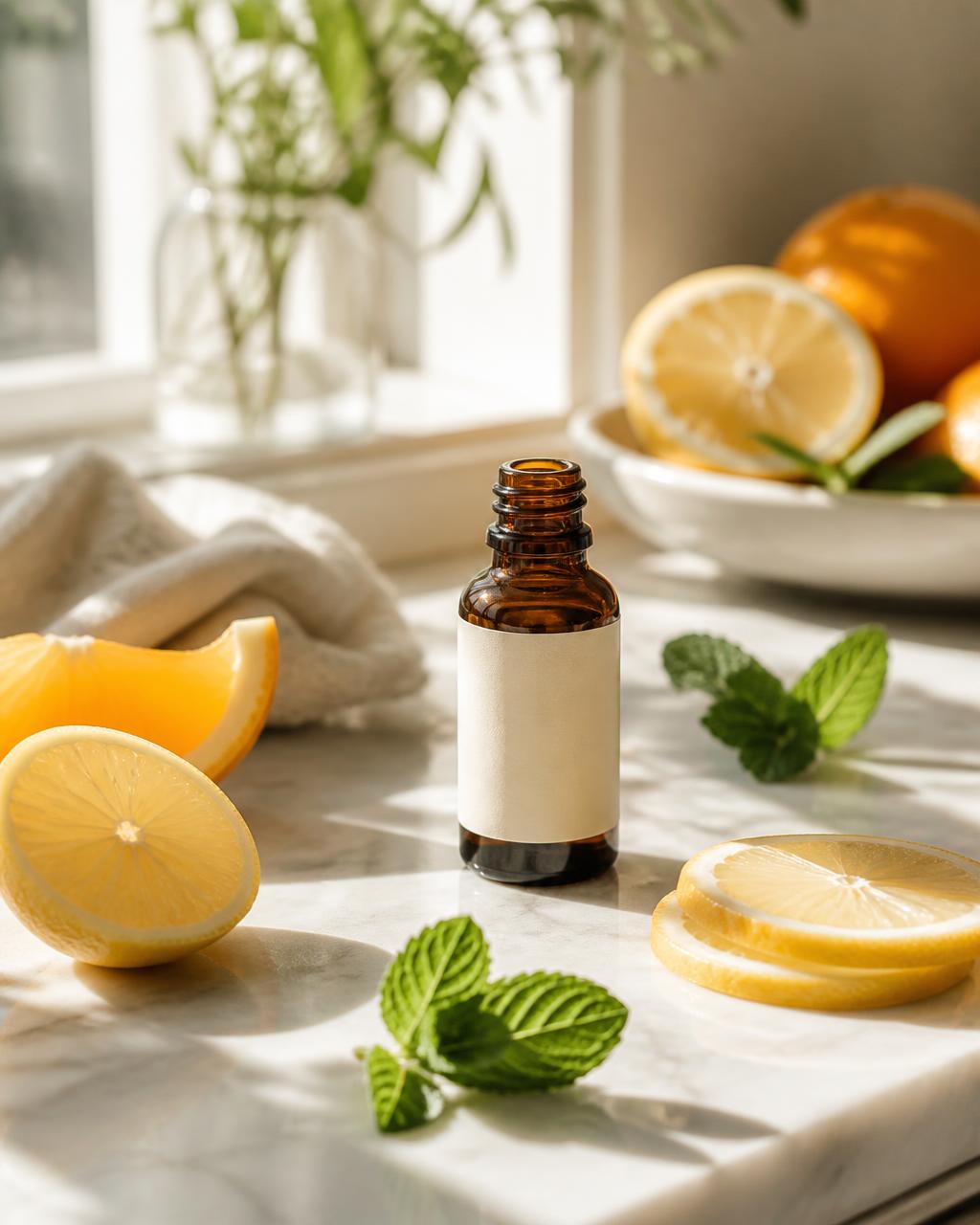 A bright morning ritual with an amber essential oil bottle, fresh lemon, sweet orange and peppermint on a marble counter