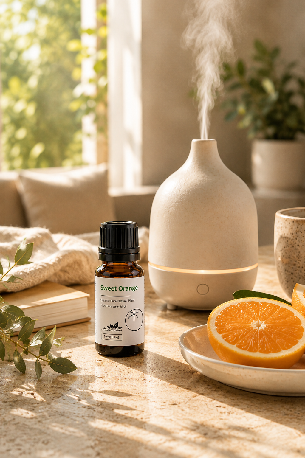 A Sweet Orange amber essential oil bottle with black cap and white label beside a cream ceramic diffuser with visible mist, fresh orange and warm morning sunlight