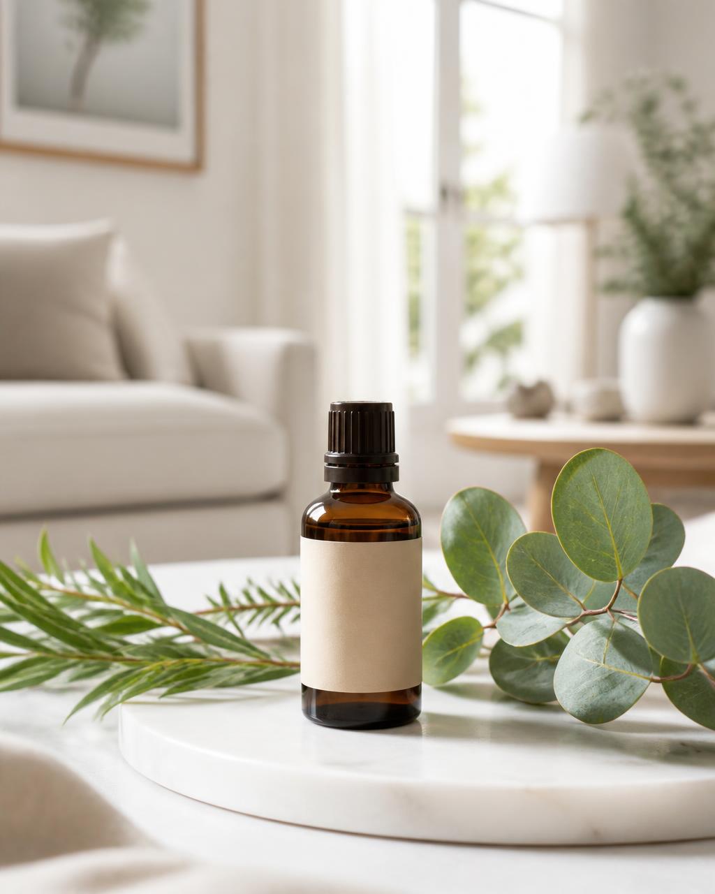 A fresh home ritual with an amber essential oil bottle, eucalyptus and tea tree branches in a bright modern living room
