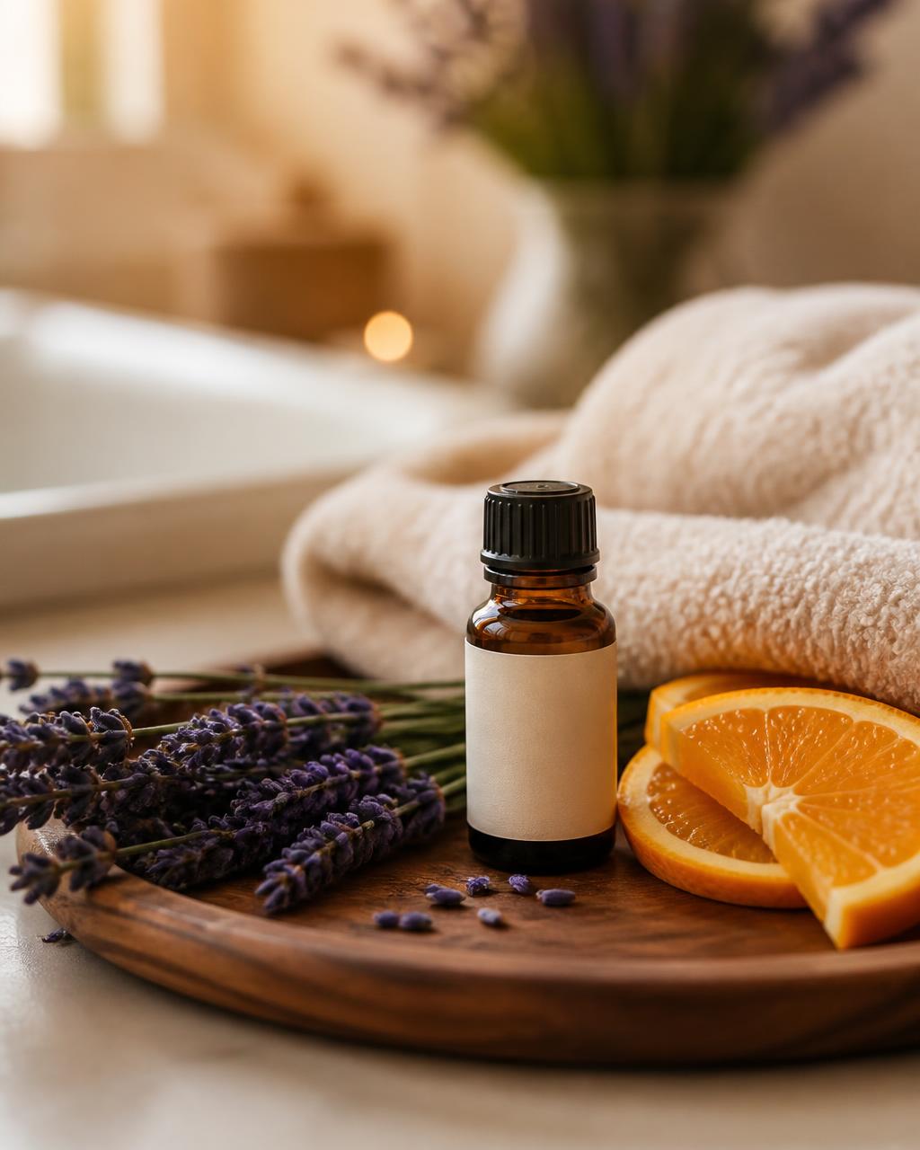 A quiet self-care ritual with an amber essential oil bottle, lavender sprigs and sweet orange slices beside a folded towel