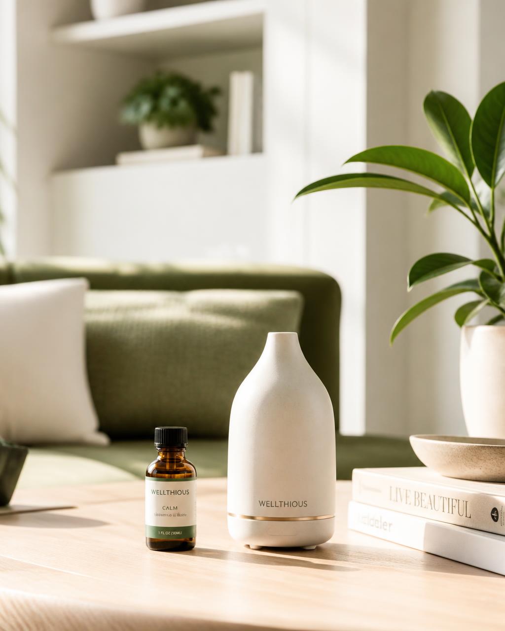 A bright minimalist living room with a Wellthious amber bottle and diffuser surrounded by houseplants
