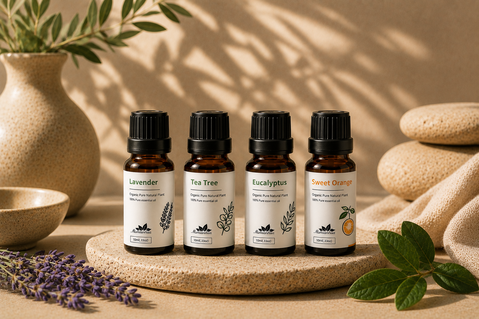 Four 10 mL amber glass essential oil bottles with white botanical labels on a stone riser with lavender and eucalyptus in soft daylight