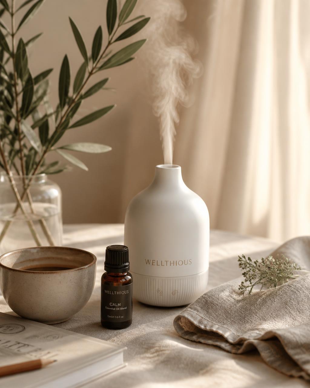 A peaceful morning ritual with a Wellthious amber bottle beside a ceramic diffuser, soft linen and warm sunlight