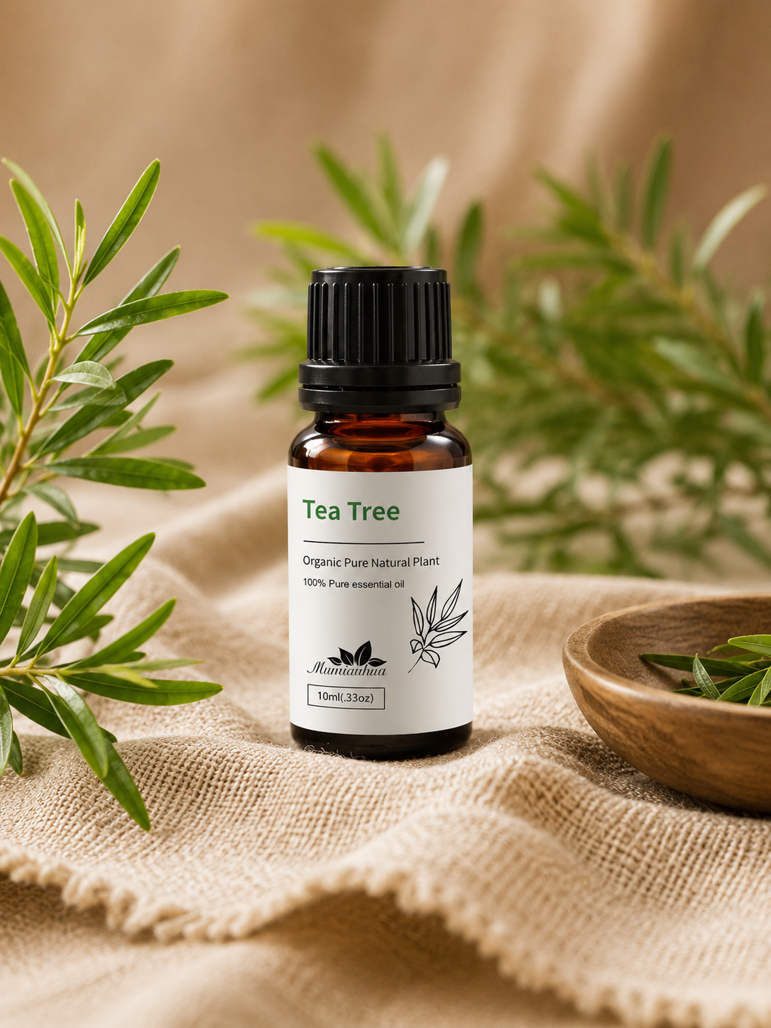 Amber Wellthious essential oil bottle with tea tree sprigs on a warm stone ledge