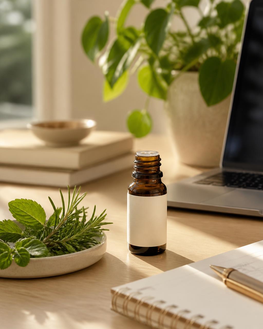 A focused workspace ritual with an amber essential oil bottle, rosemary and peppermint on a light wooden desk