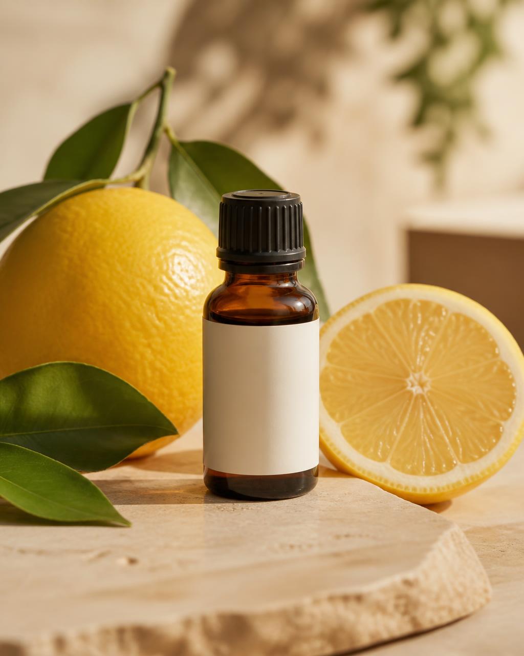 Amber Wellthious essential oil bottle with fresh lemons and leaves in soft daylight