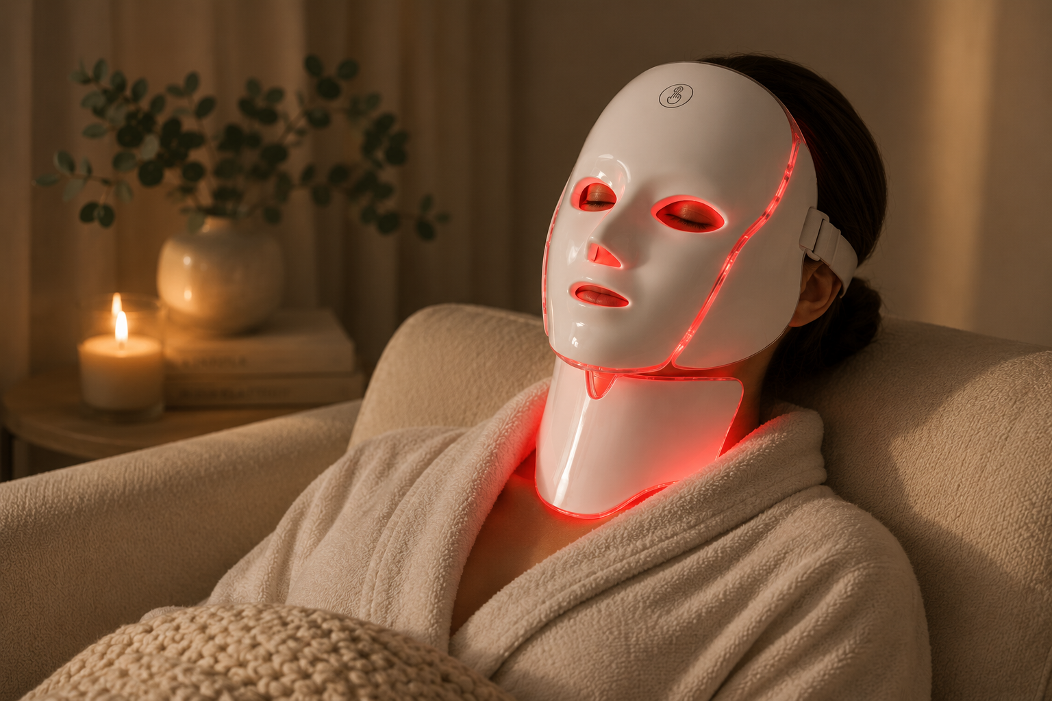 Wellthious™ Luma Ritual Face + Neck Mask with red LED illumination in use