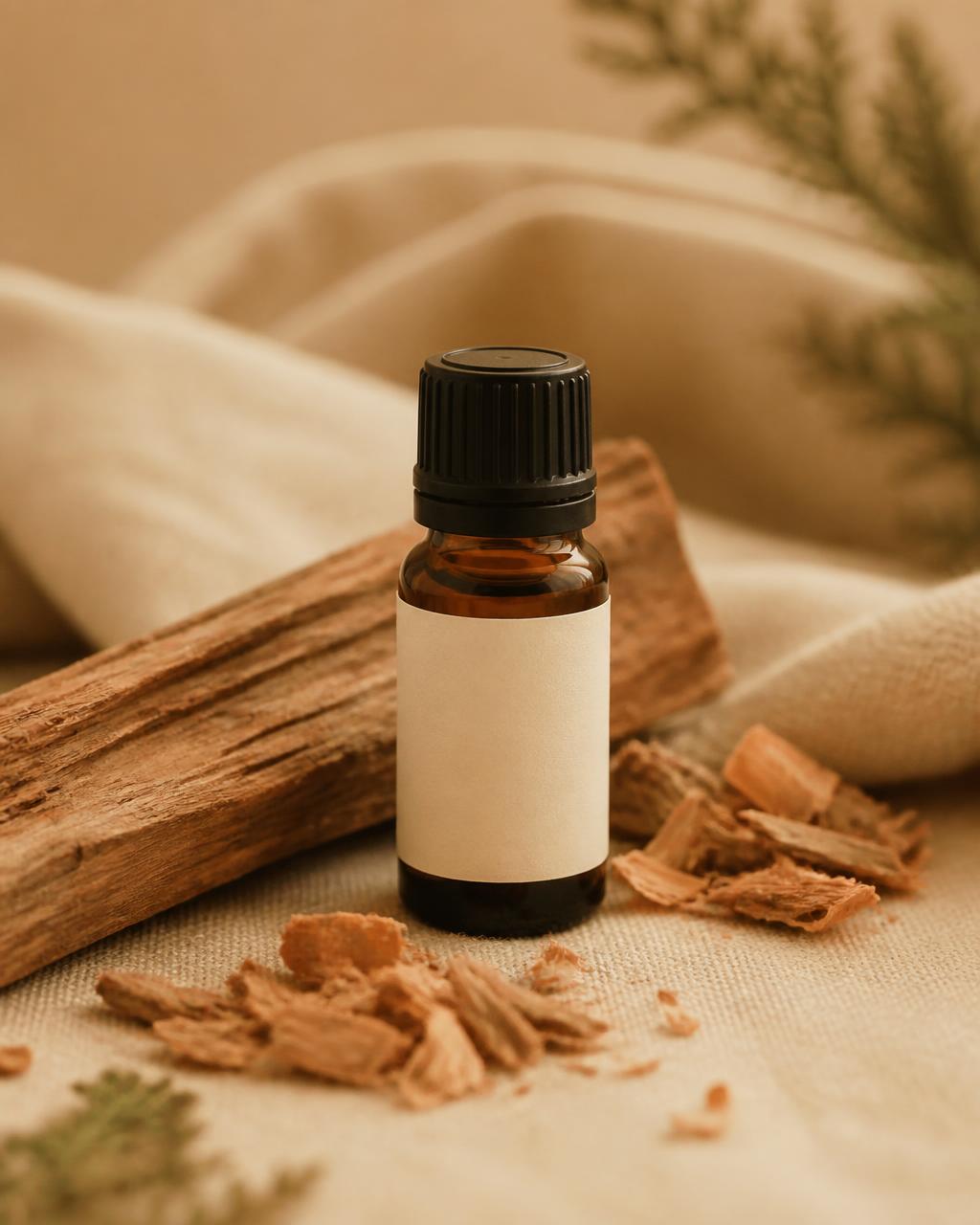 Amber Wellthious essential oil bottle with cedarwood pieces and shavings on linen
