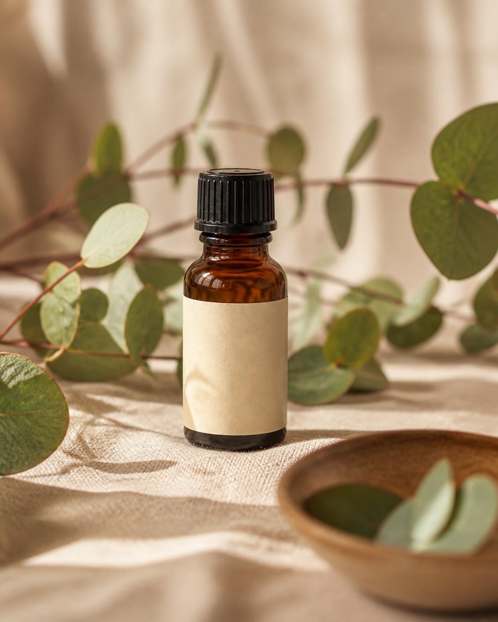 Amber Wellthious essential oil bottle framed by eucalyptus branches on soft fabric