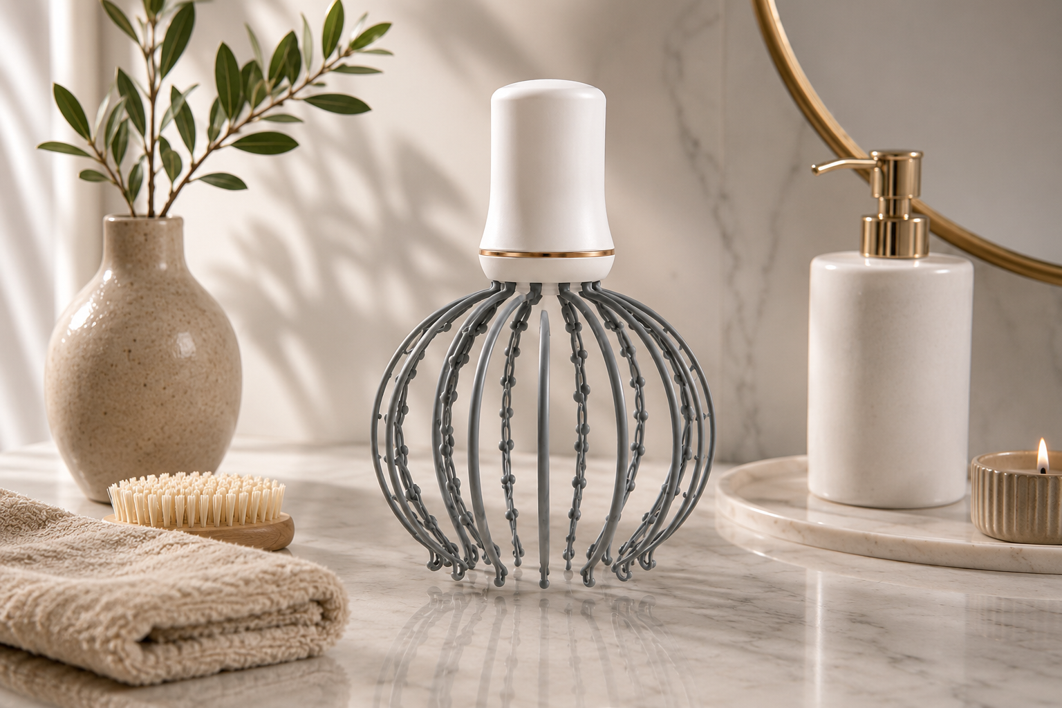 The Wellthious Stress Relief Massager — a white cylindrical wellness device with a gold accent ring, staged on a marble vanity