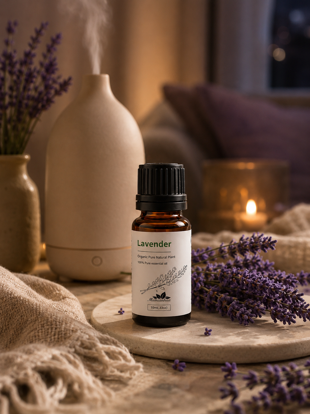 A Lavender amber essential oil bottle with black cap and white label in a warm evening setting with a ceramic diffuser and soft candlelight, surrounded by lavender botanicals and cream textiles