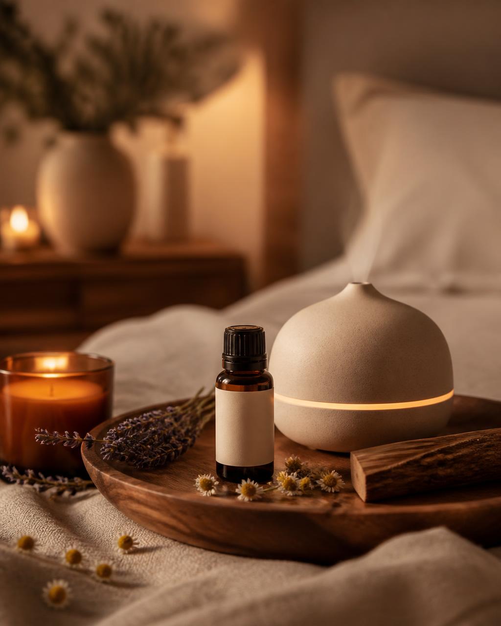 A peaceful evening ritual with an amber essential oil bottle, lavender, chamomile and soft candlelight on a wooden tray