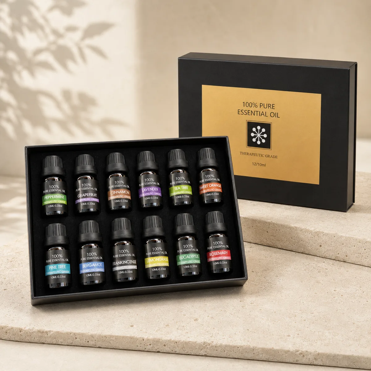 The Wellthious Essential Oil Discovery Set — botanical essential oil bottles in premium amber glass