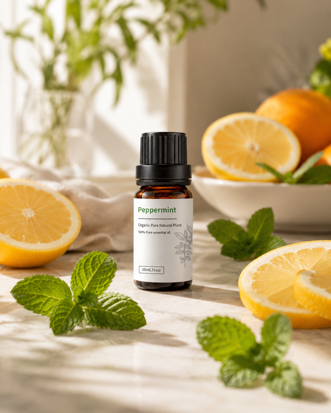 A bright morning ritual with an amber essential oil bottle, fresh lemon, sweet orange and peppermint on a marble counter