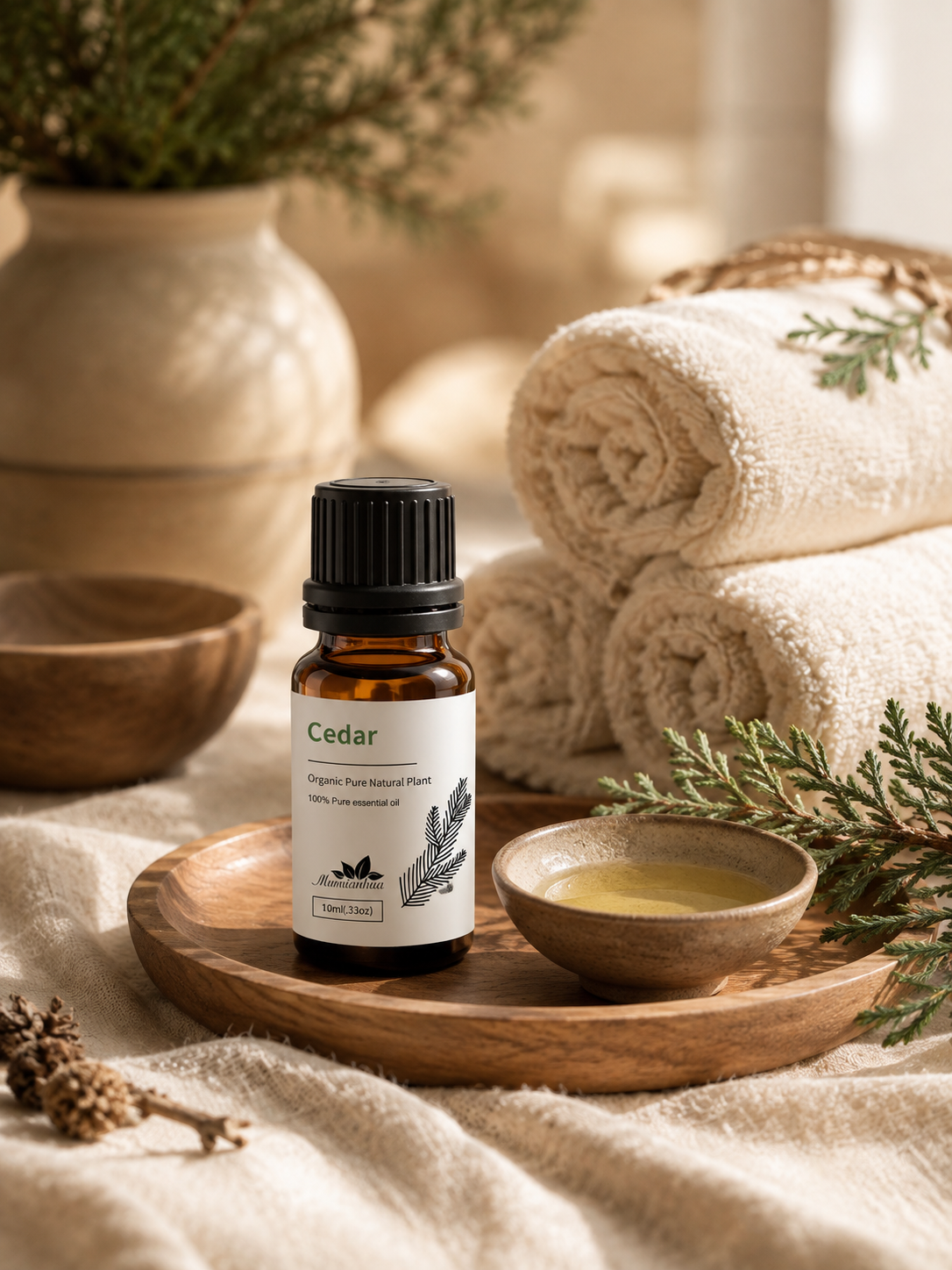 A Cedar amber essential oil bottle with black cap and white label on a warm wooden tray beside a small carrier-oil bowl, rolled cream towels and cedar botanicals in soft natural spa daylight