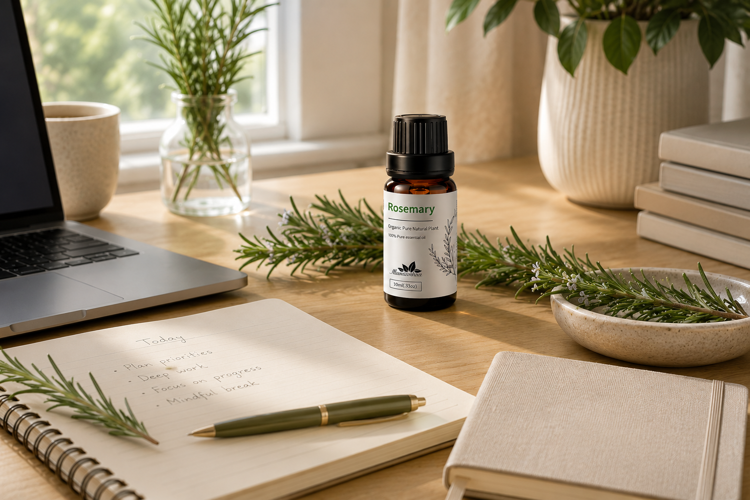 A focused workspace ritual with an amber essential oil bottle, rosemary and peppermint on a light wooden desk