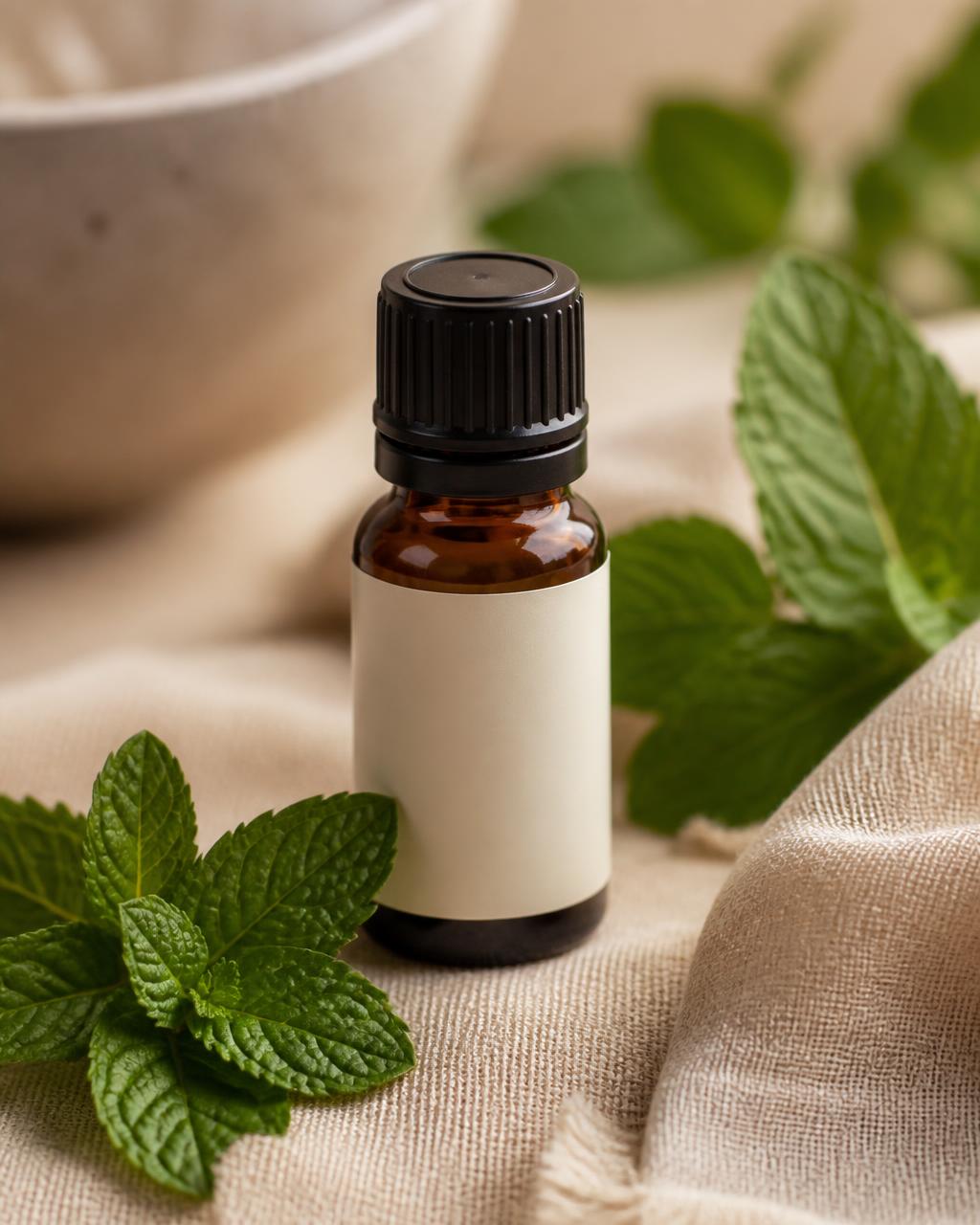 Amber Wellthious essential oil bottle with fresh peppermint leaves on beige linen