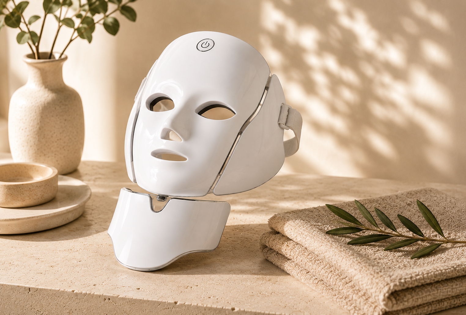 Wellthious™ Luma Ritual Face + Neck Mask resting on a warm stone surface with folded towels
