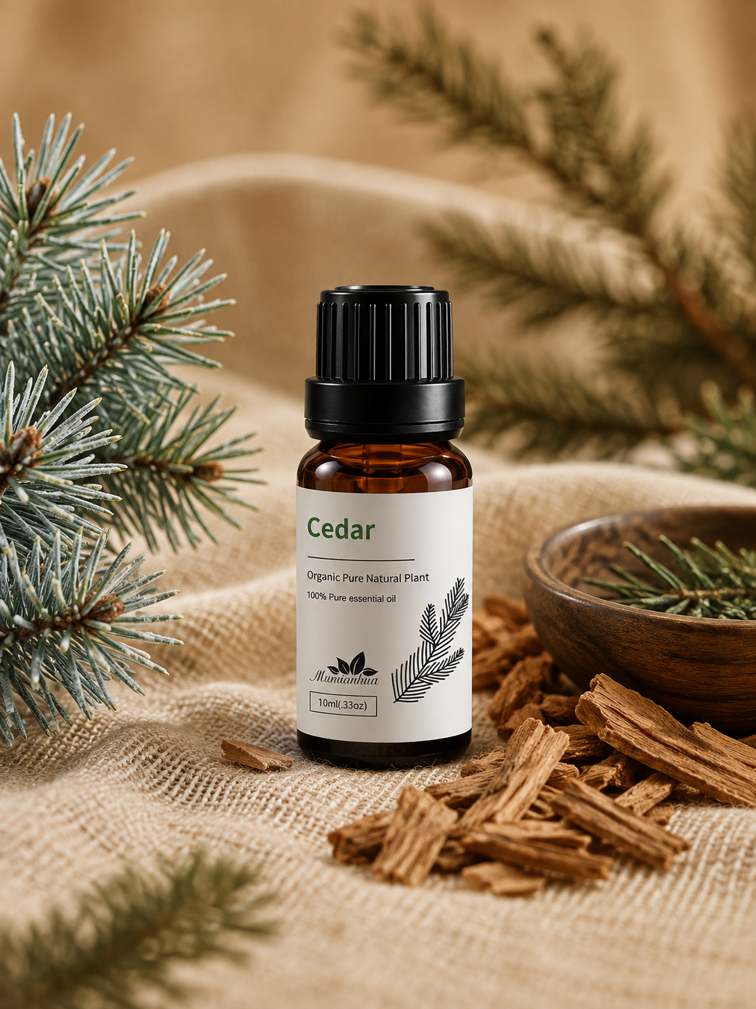 Amber Cedar essential oil bottle with a white botanical label beside cedar wood pieces and evergreen foliage on warm linen