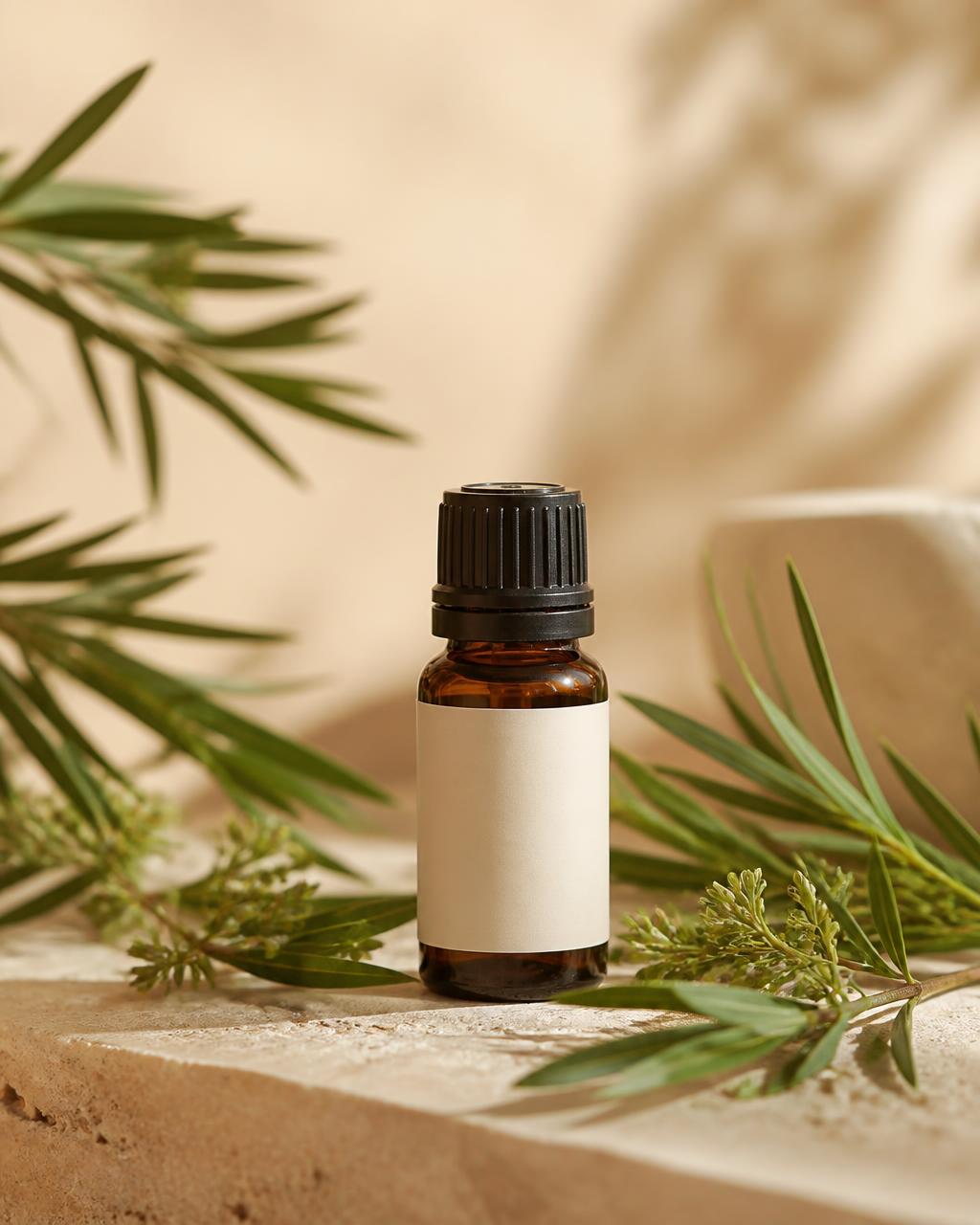 Amber Wellthious essential oil bottle with tea tree sprigs on a warm stone ledge