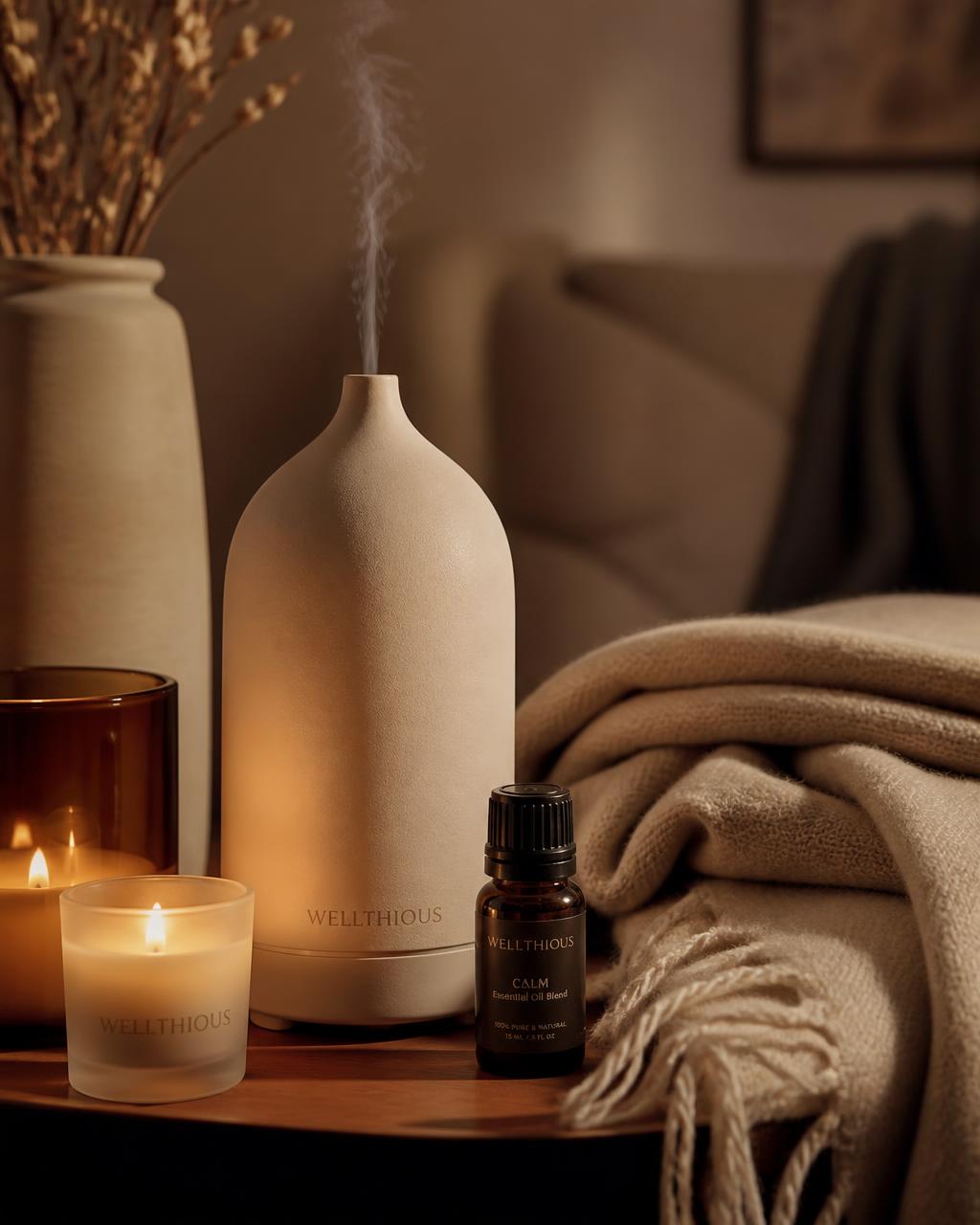 A warm evening ritual with a Wellthious amber bottle, ceramic diffuser and glowing candles on a wooden tray