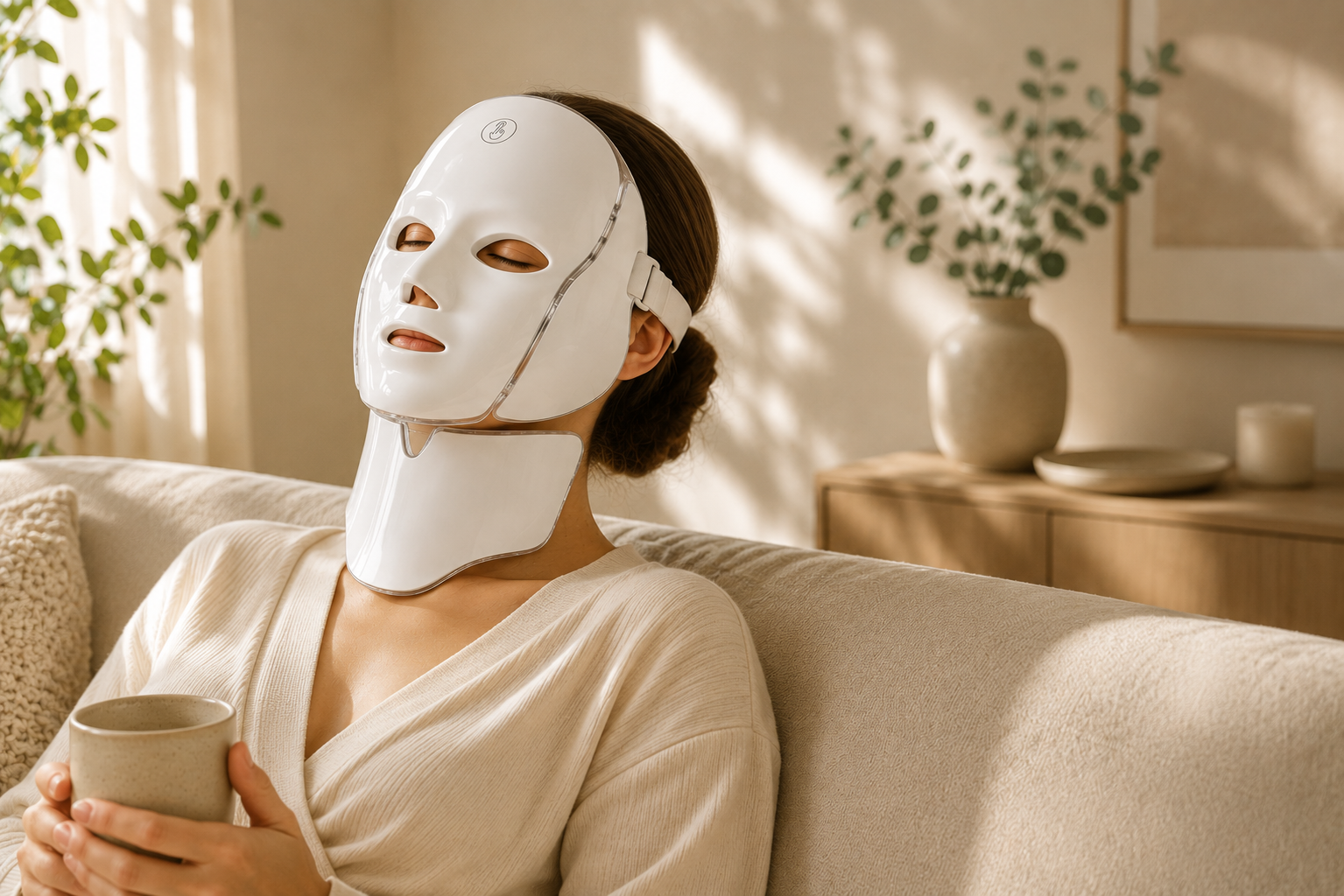 Wellthious™ Luma Ritual Face + Neck Mask worn in a calm home setting