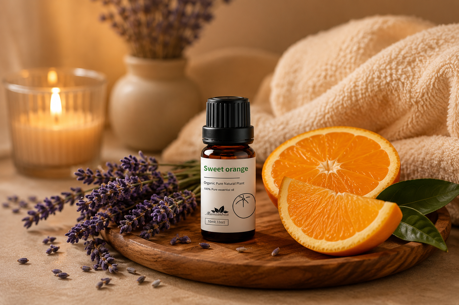 A quiet self-care ritual with an amber essential oil bottle, lavender sprigs and sweet orange slices beside a folded towel