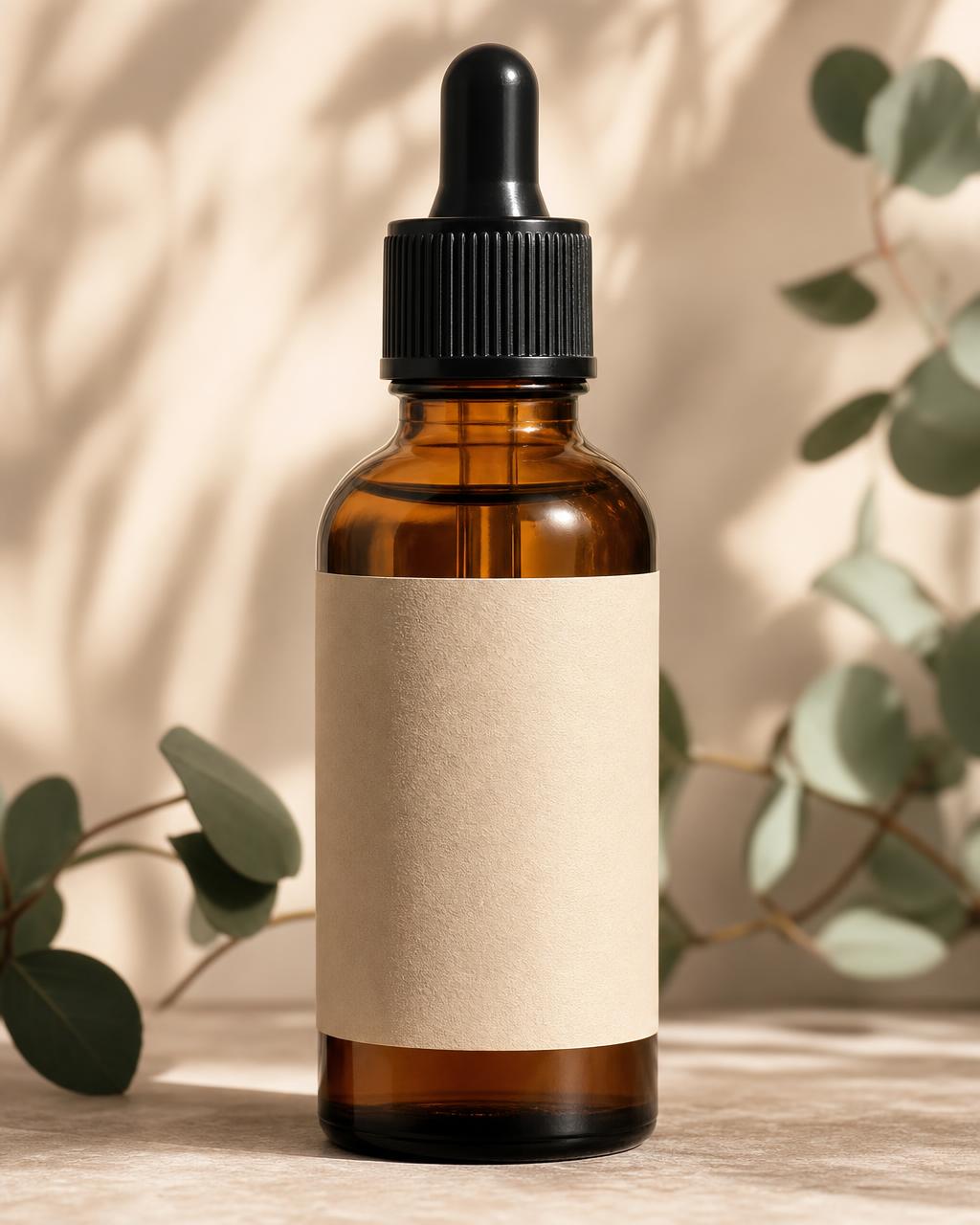 Wellthious premium amber glass essential oil bottle with dropper, framed by eucalyptus in soft natural light