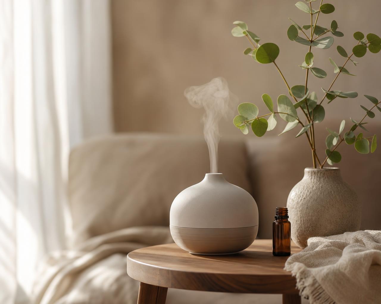 A calming wellness ritual moment with a ceramic diffuser, amber essential oil bottle, and fresh eucalyptus in a soft morning home setting