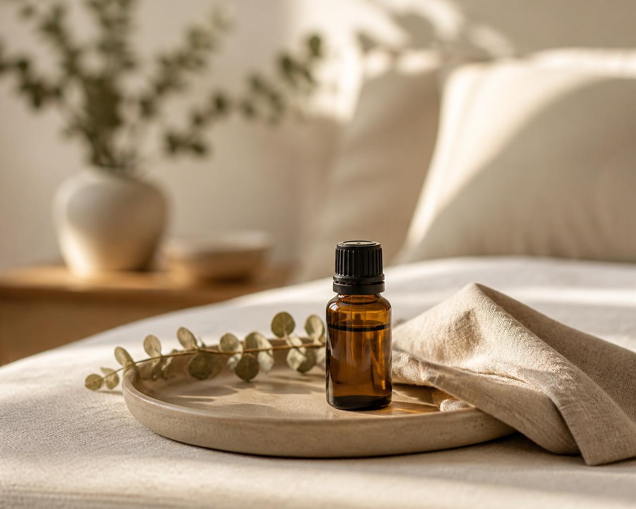 A calm wellness moment with a Wellthious amber bottle on a linen tray beside eucalyptus in soft morning light
