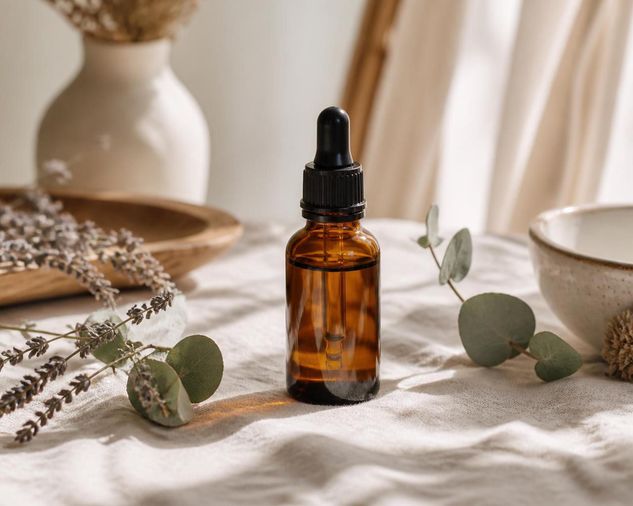 A Wellthious amber bottle resting on natural linen in a calm sunlit home setting with eucalyptus and dried lavender